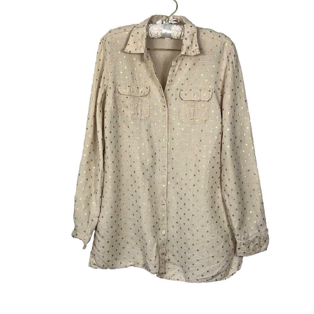 Charter Club Linen Top Womens White Gold Metallic Polka Dot Roll Tab Sleeve